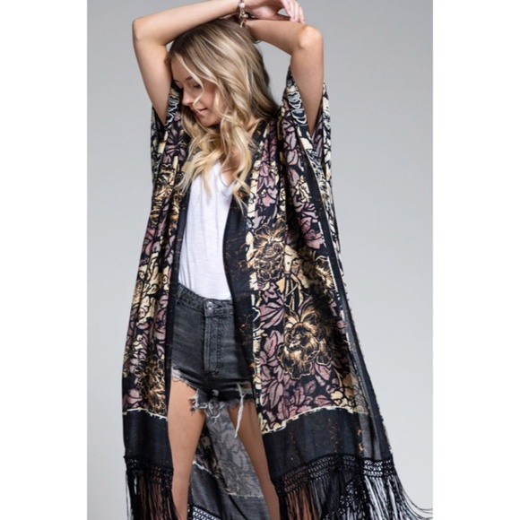 SOLD OUT Delphi Floral Motif Tassel Kimono Duster Full Long Maxi Length Coverup - Picture 2 of 4